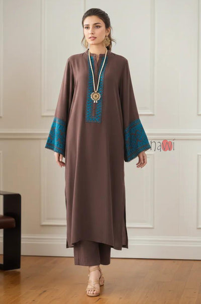 Mocha Royale Embroidered Kurta Set - Navvi.in