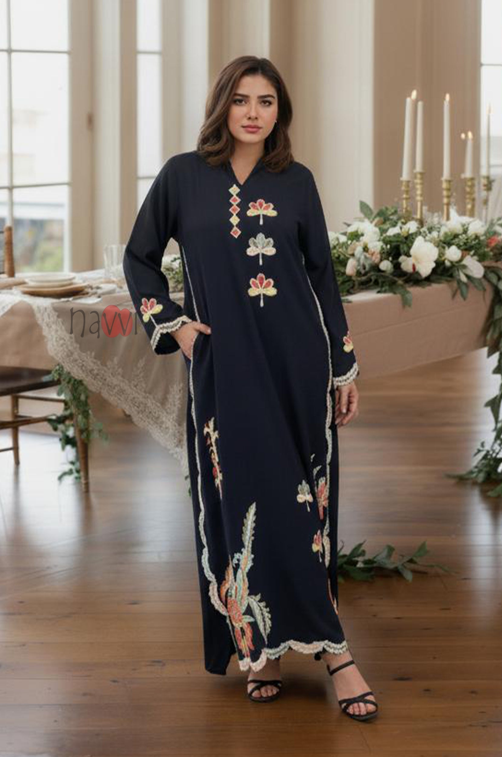 Midnight Floral Embroidered Kaftan