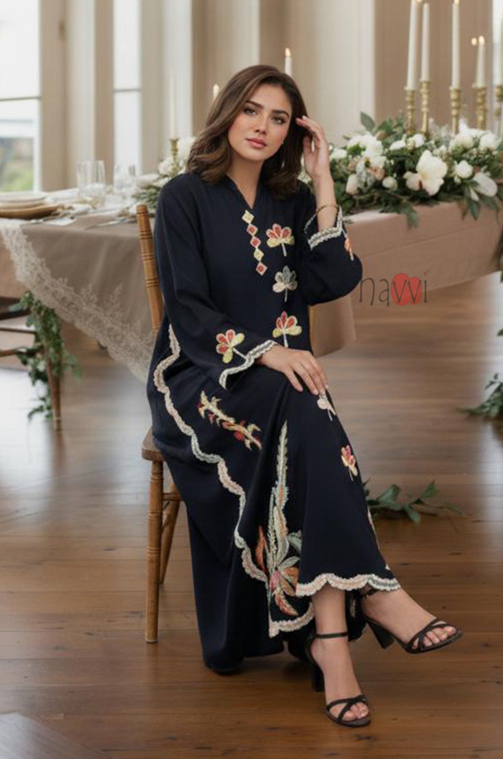Midnight Floral Embroidered Kaftan