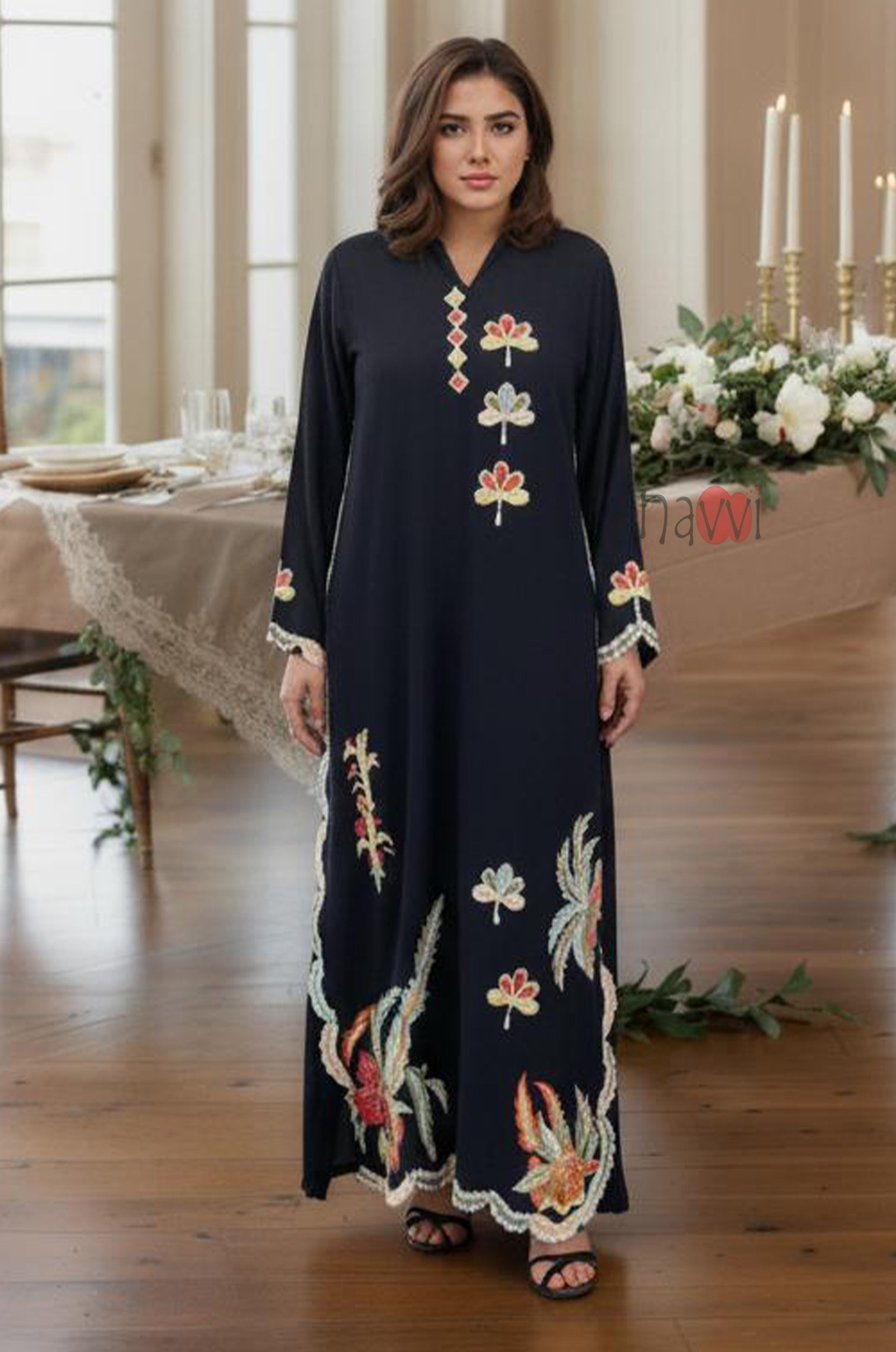 Midnight Floral Embroidered Kaftan