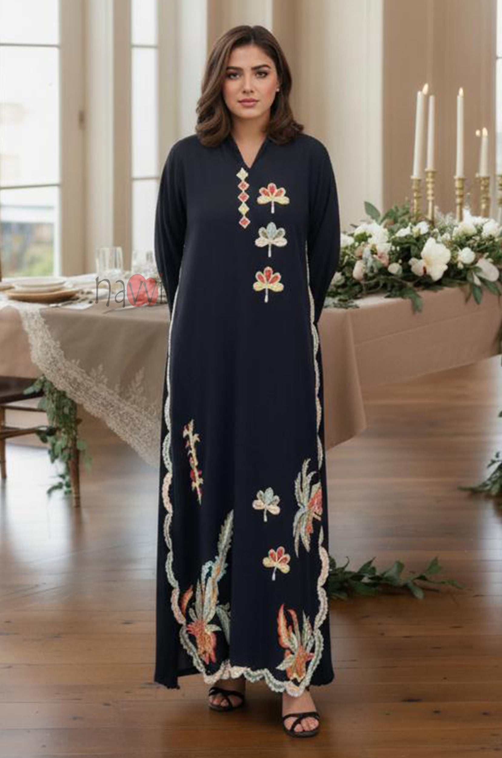 Midnight Floral Embroidered Kaftan