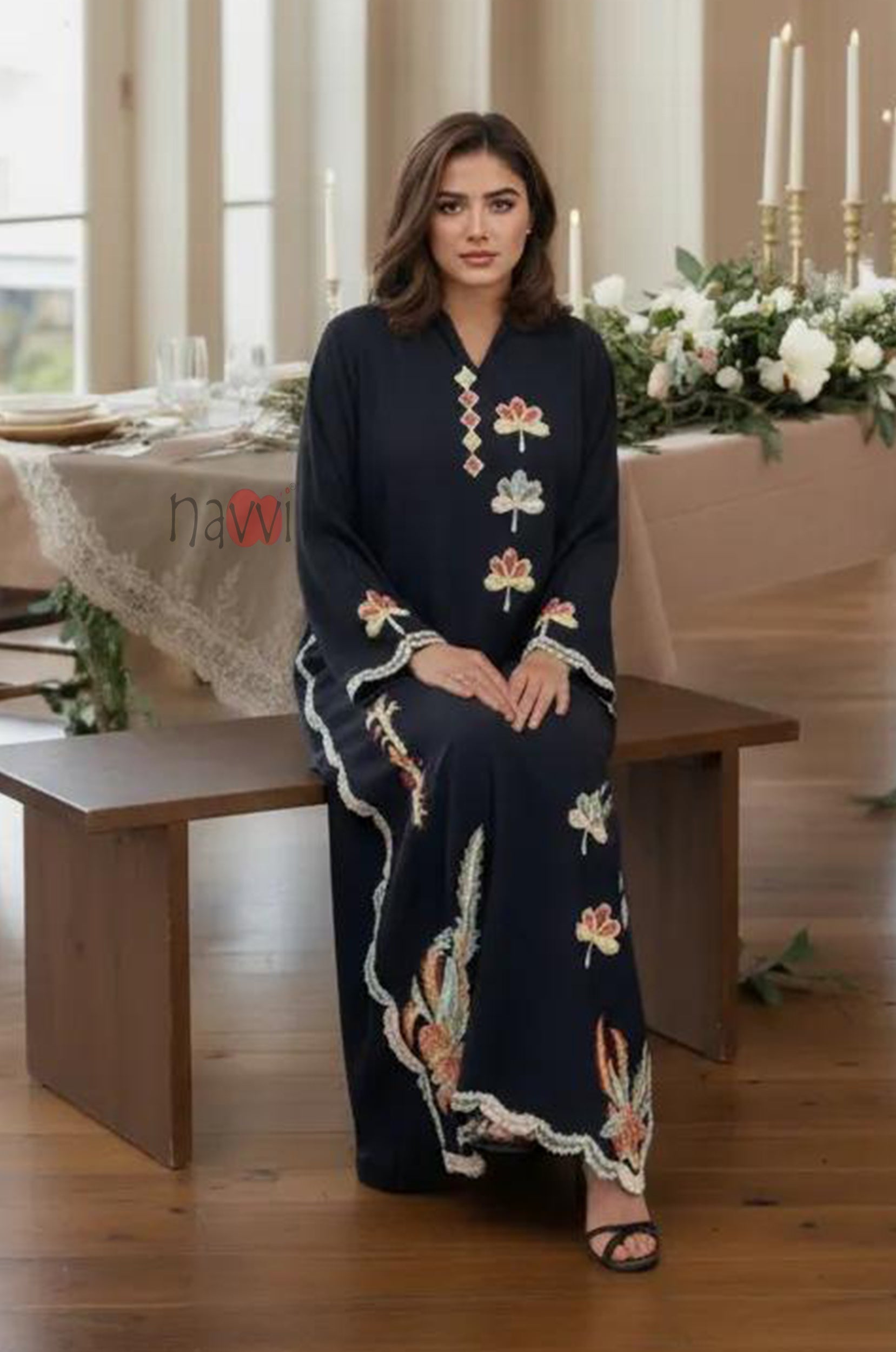 Midnight Floral Embroidered Kaftan