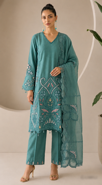 Teal Blue Embroidered Cutwork Suit Set with Dupatta