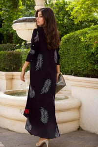 Leaf Printed Crepe Shirt Style Maxi Dress