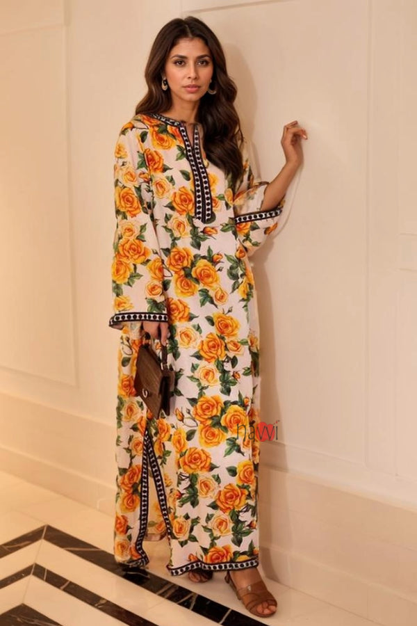 Yellow Rose Print Kaftan Dress