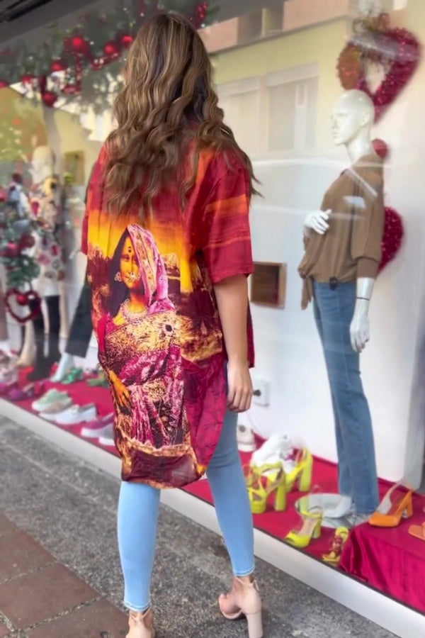 Burgundy and Orange Printed Collared Shirt