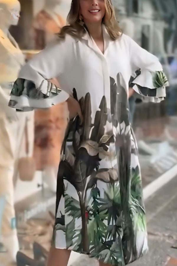 White and Green Tropical Print Shirt Dress