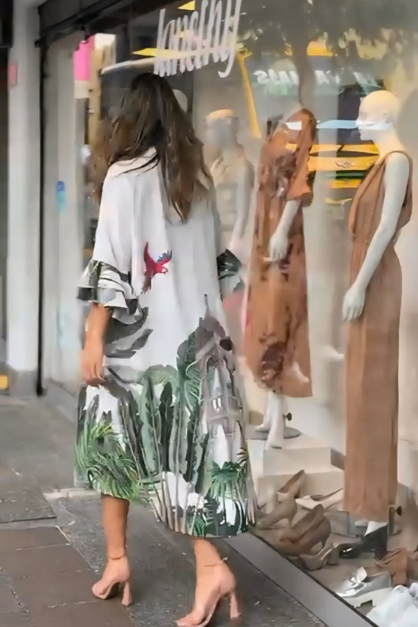 White and Green Tropical Print Shirt Dress