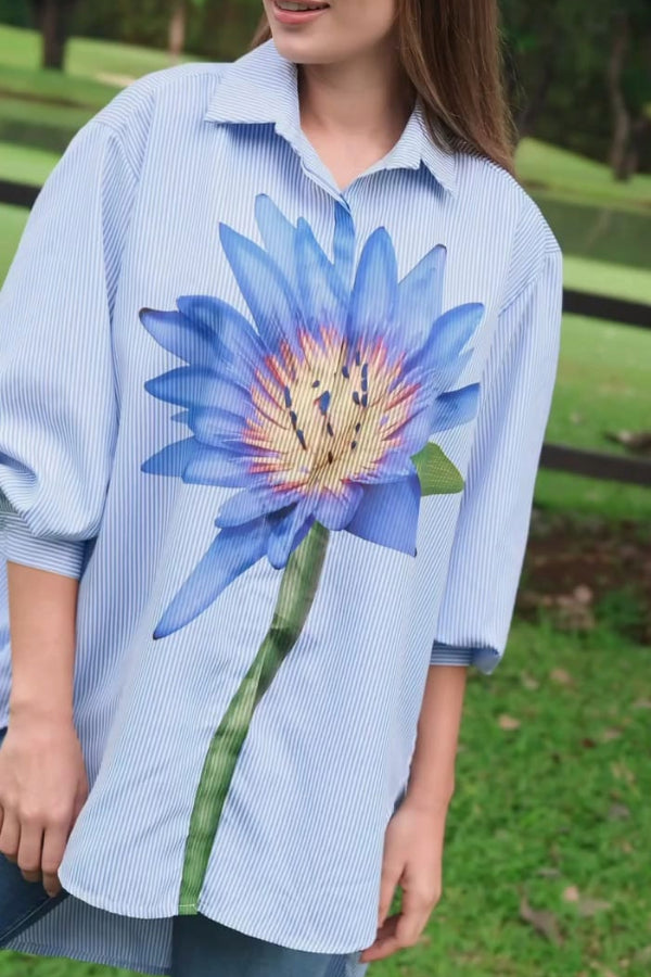 Oversized Striped Shirt with Blue Lotus Print