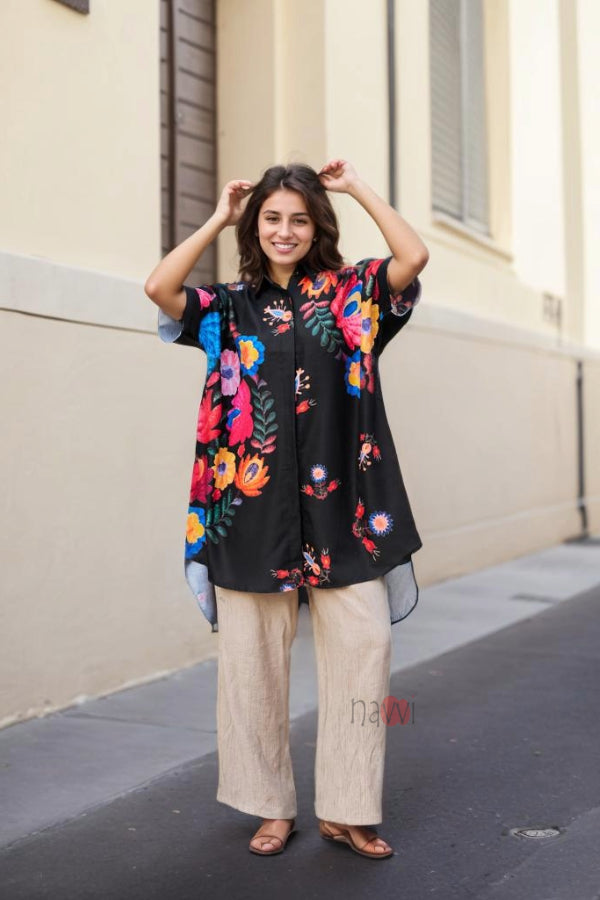 High Low Floral Printed Black Shirt