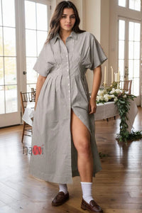 Front-Button Pleated Shirt Dress