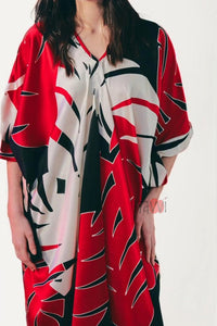 Red and White Palm Leaf Pattern Kaftan