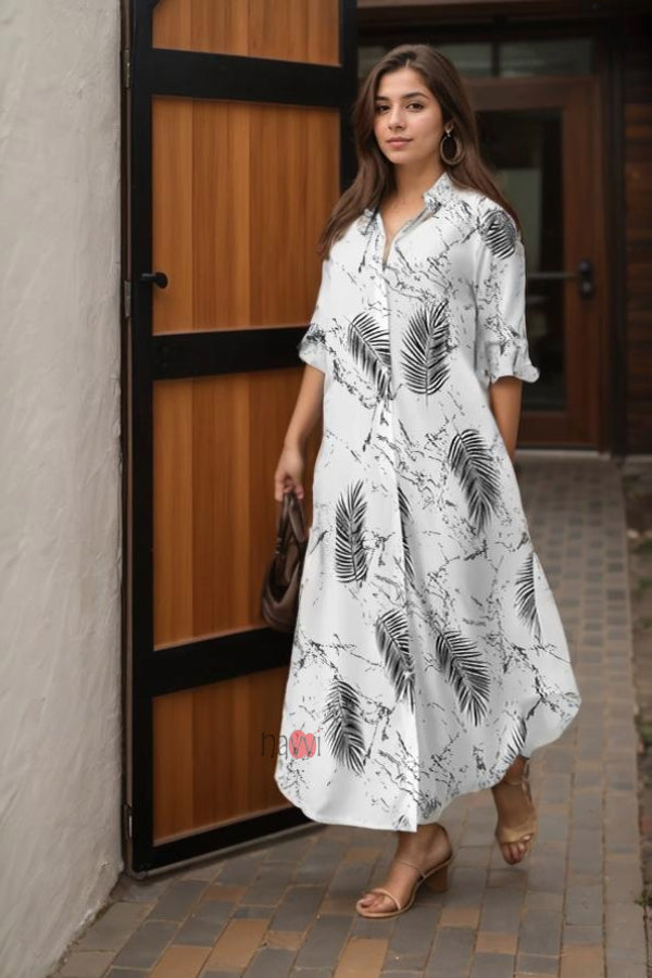 Leaf Printed Crepe Shirt Style Maxi Dress