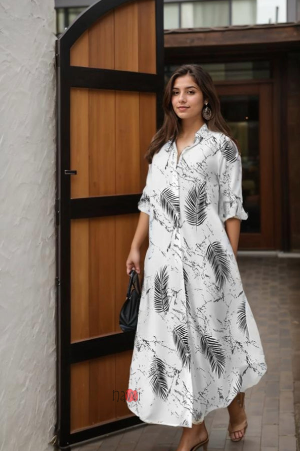 Leaf Printed Crepe Shirt Style Maxi Dress