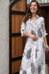 Leaf Printed Crepe Shirt Style Maxi Dress