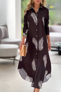 Leaf Printed Crepe Shirt Style Maxi Dress