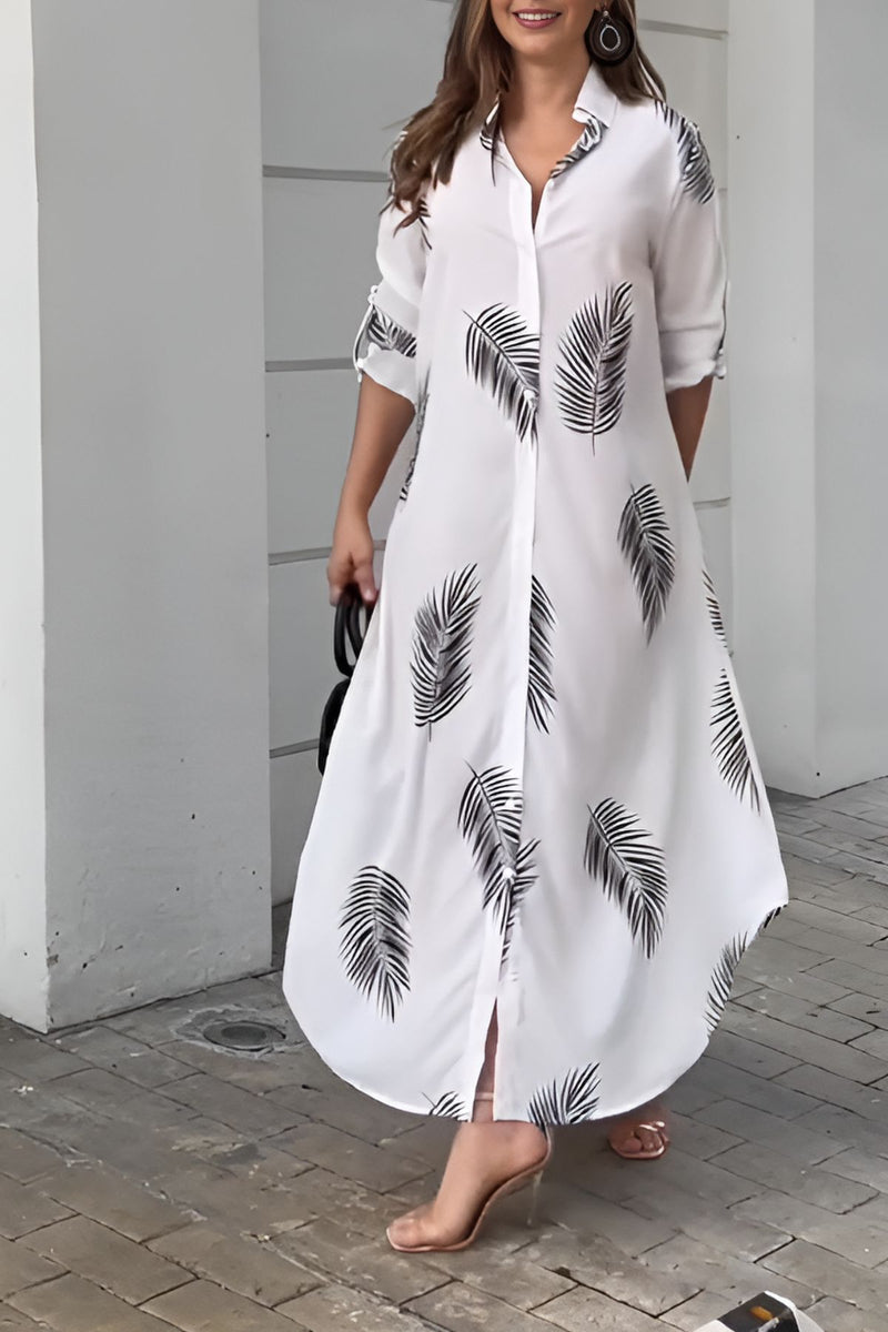 Leaf Printed Crepe Shirt Style Maxi Dress