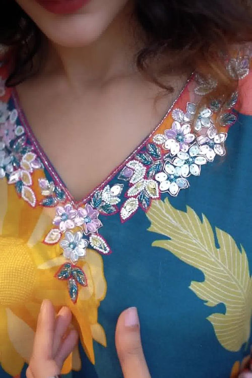 Turquoise Muslin Hand Embroidery Kurta Set