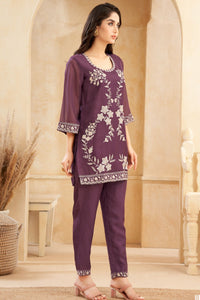 Wine Embroidery Kurta Pant Set