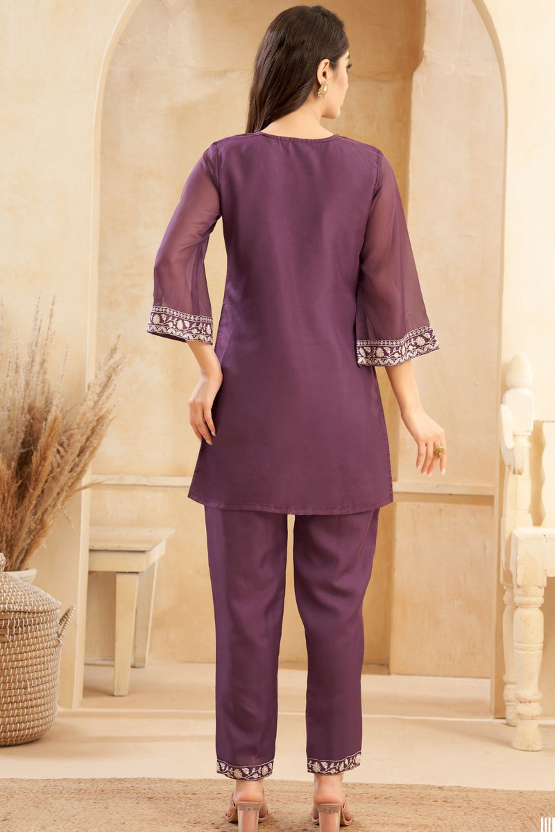 Wine Embroidery Kurta Pant Set