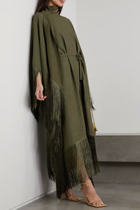 Olive Fringe Kaftan Dress With Belt