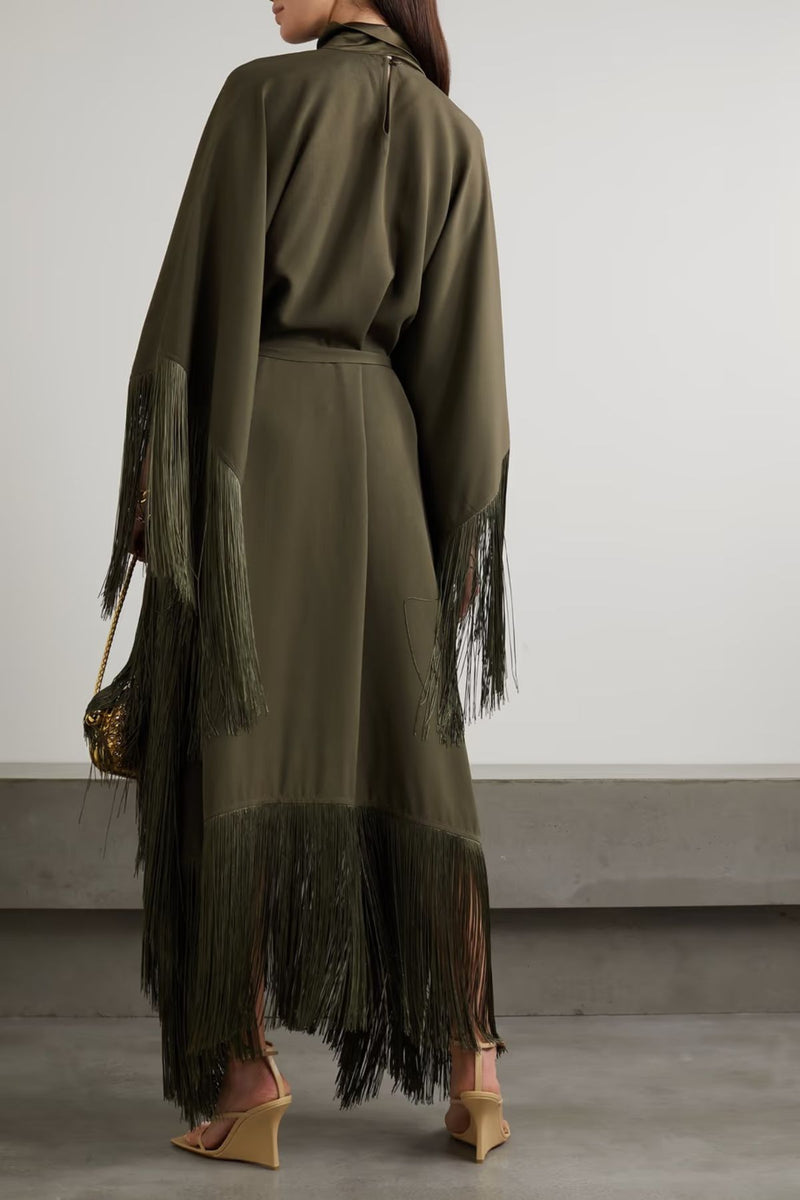 Olive Fringe Kaftan Dress With Belt