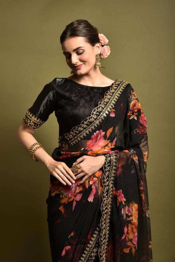 Floral Georgette Saree With Foil Work