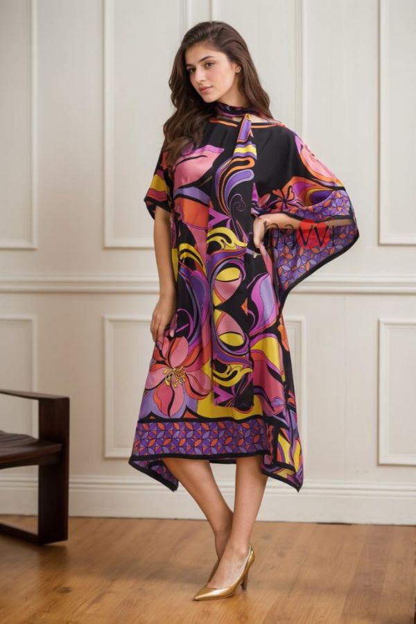 Bright Geometric Kaftan With Sleek Scarf