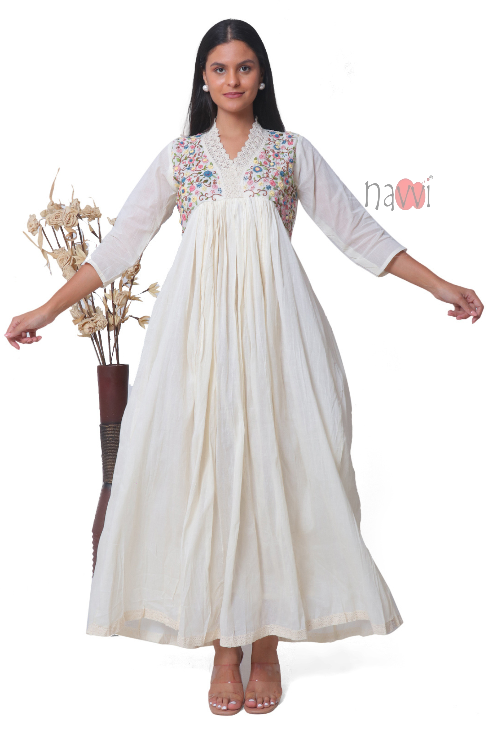Pure Muslin Embroidered Tunic With Lace