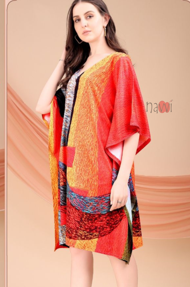 Multicolour Abstract Print Silk Kaftan Dress - Navvi.in