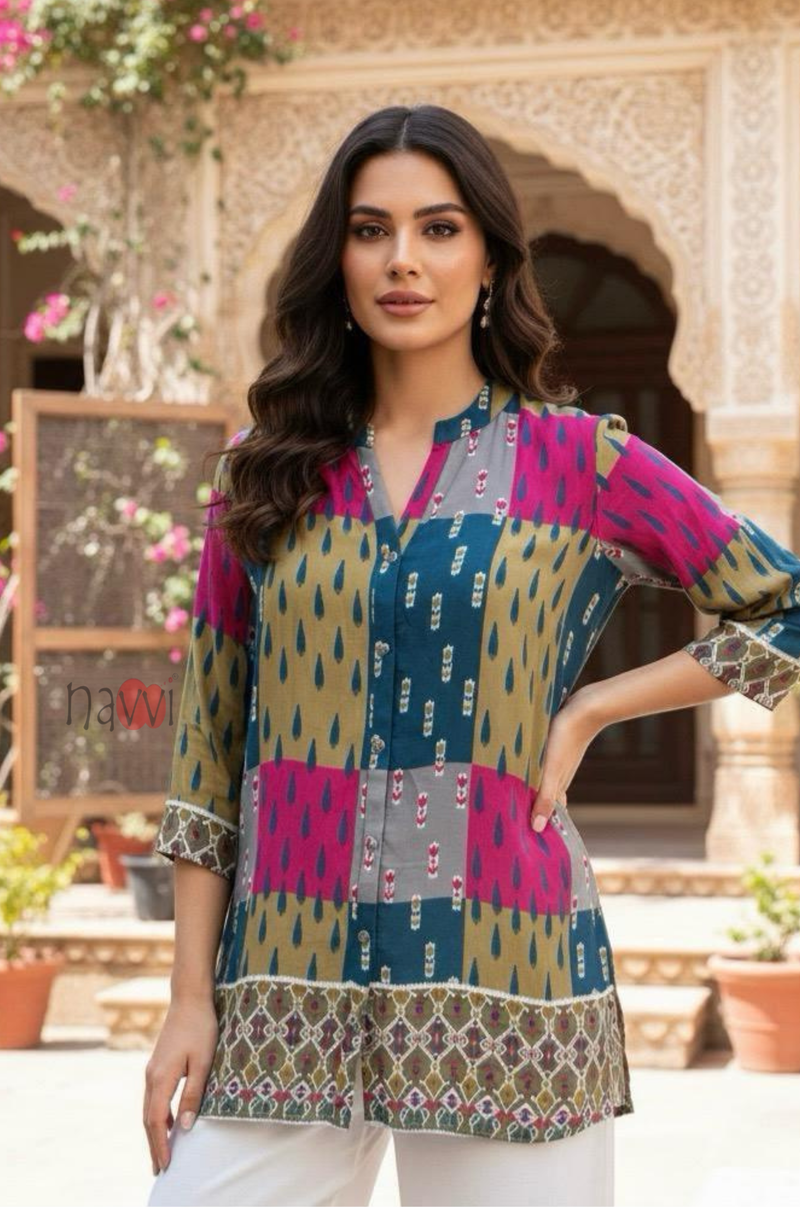 Women's Printed Mandarin Collar Straight Fit Top - Navvi.in