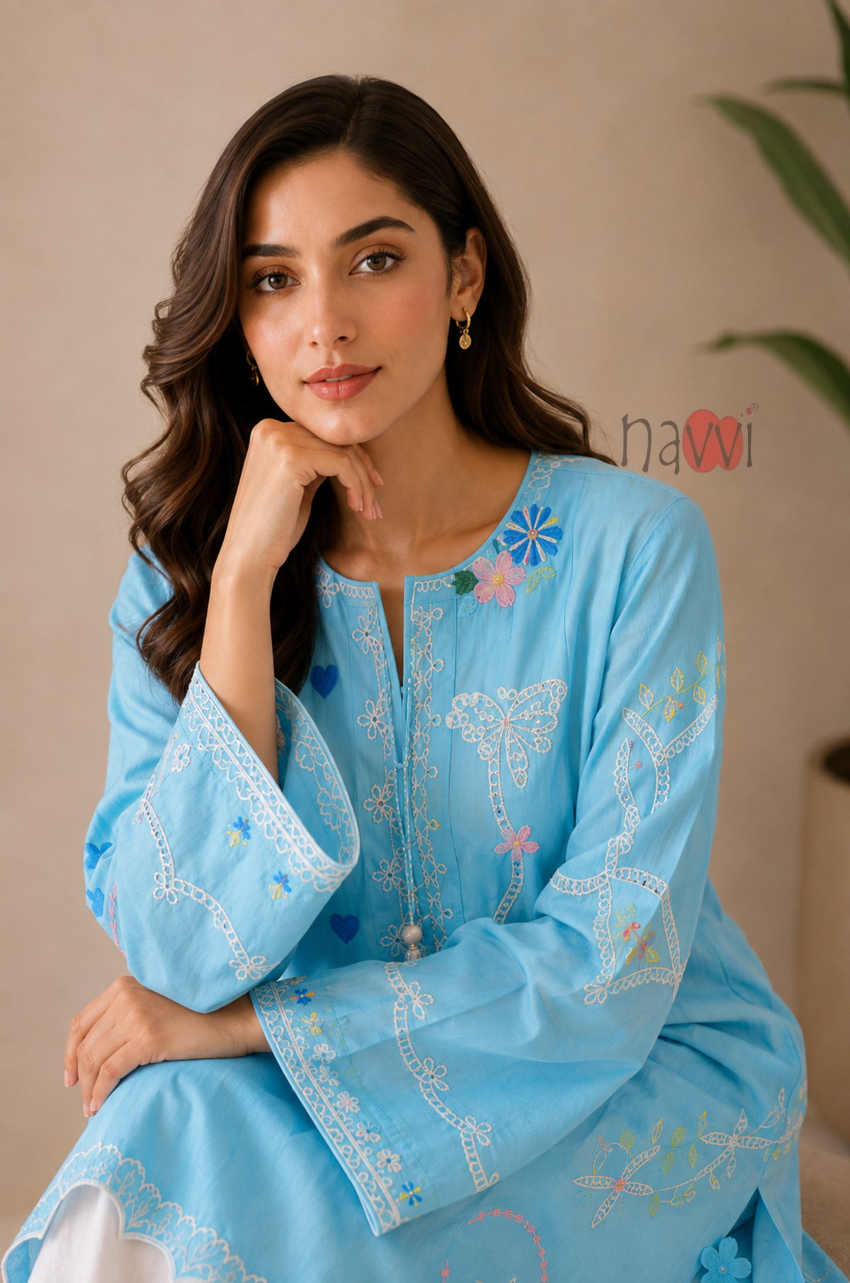 Mint Blossom Embroidered Kurta - Navvi.in