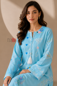 Mint Blossom Embroidered Kurta - Navvi.in