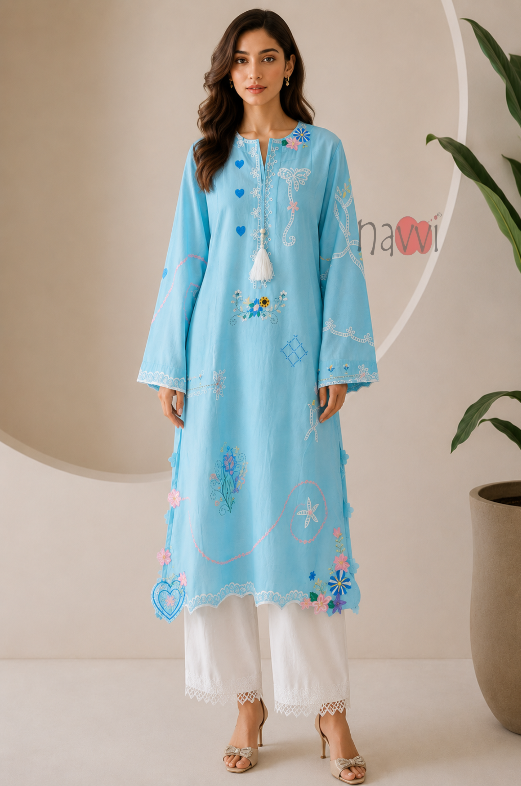 Mint Blossom Embroidered Kurta - Navvi.in