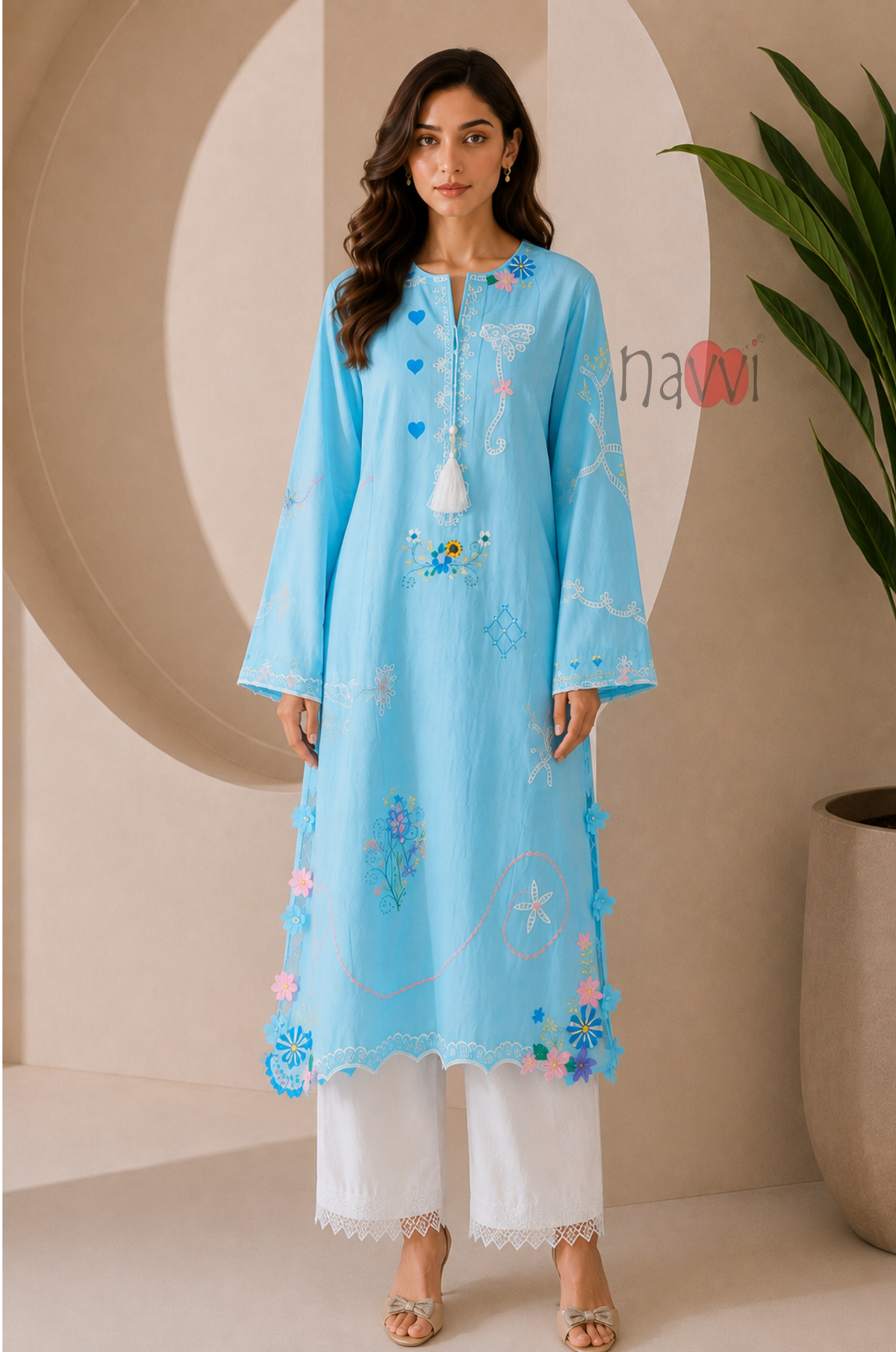Mint Blossom Embroidered Kurta - Navvi.in