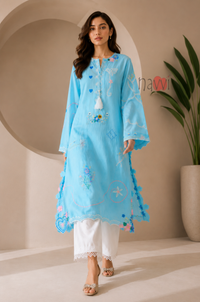 Mint Blossom Embroidered Kurta - Navvi.in