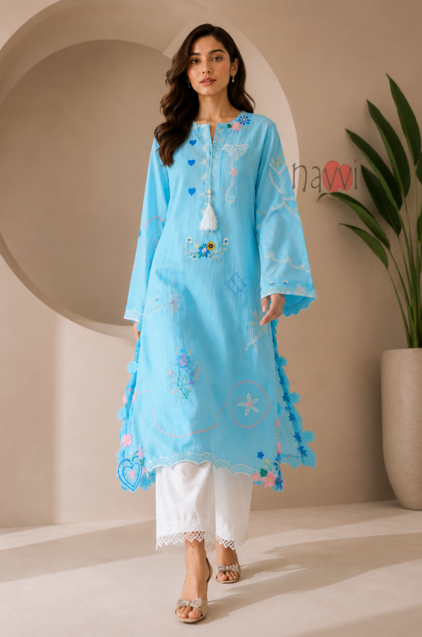 Mint Blossom Embroidered Kurta - Navvi.in
