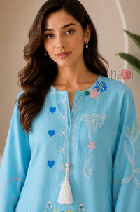 Mint Blossom Embroidered Kurta - Navvi.in