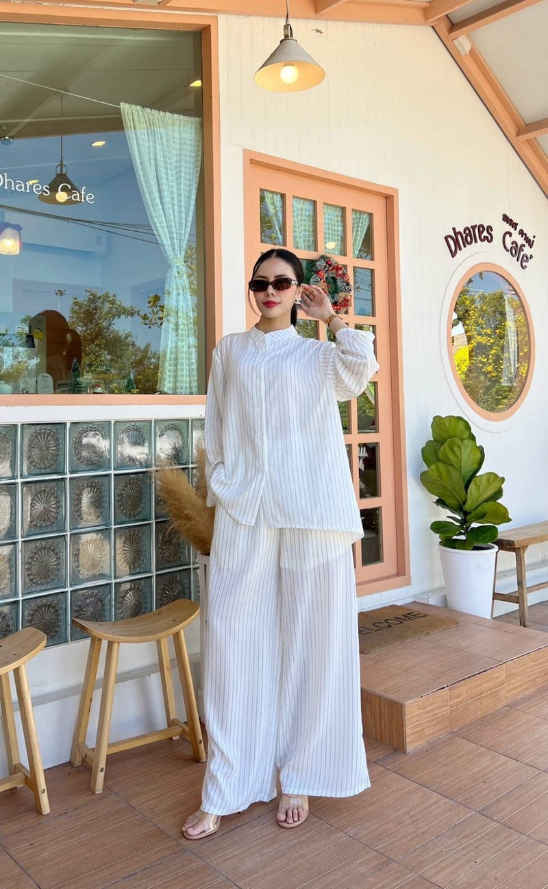 Pinstripe Co-ord Set - High-Neck Button Shirt & Wide-Leg Palazzo Pants