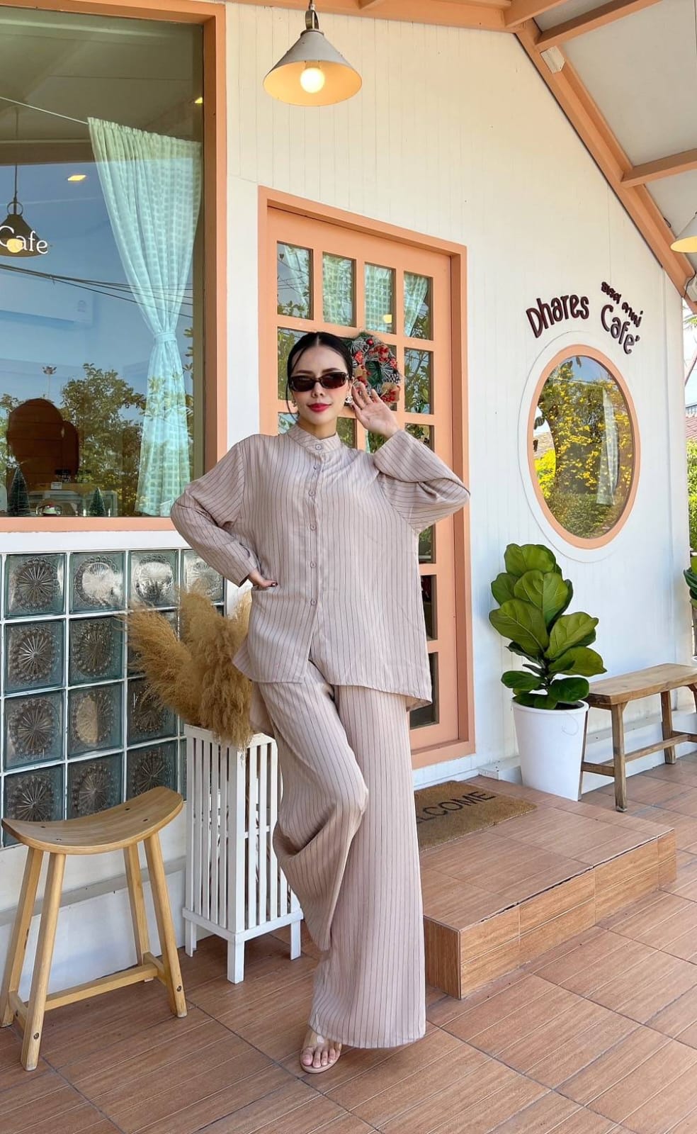 Pinstripe Co-ord Set - High-Neck Button Shirt & Wide-Leg Palazzo Pants