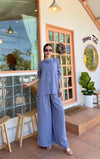 Pinstripe Co-ord Set - High-Neck Button Shirt & Wide-Leg Palazzo Pants