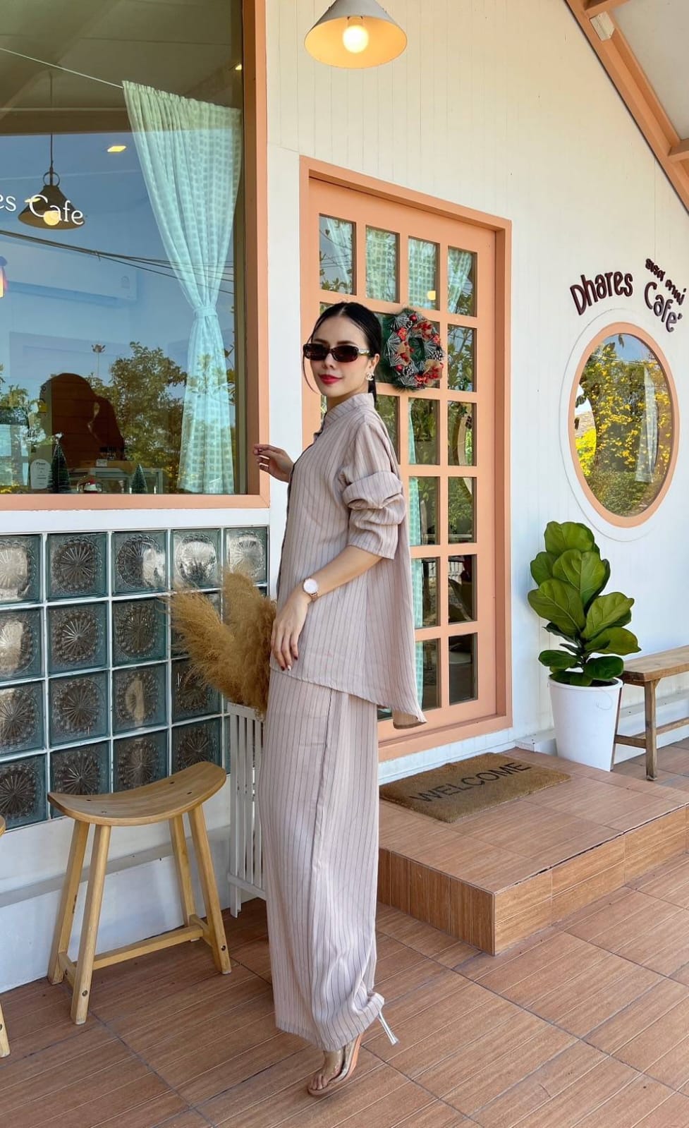 Pinstripe Co-ord Set - High-Neck Button Shirt & Wide-Leg Palazzo Pants