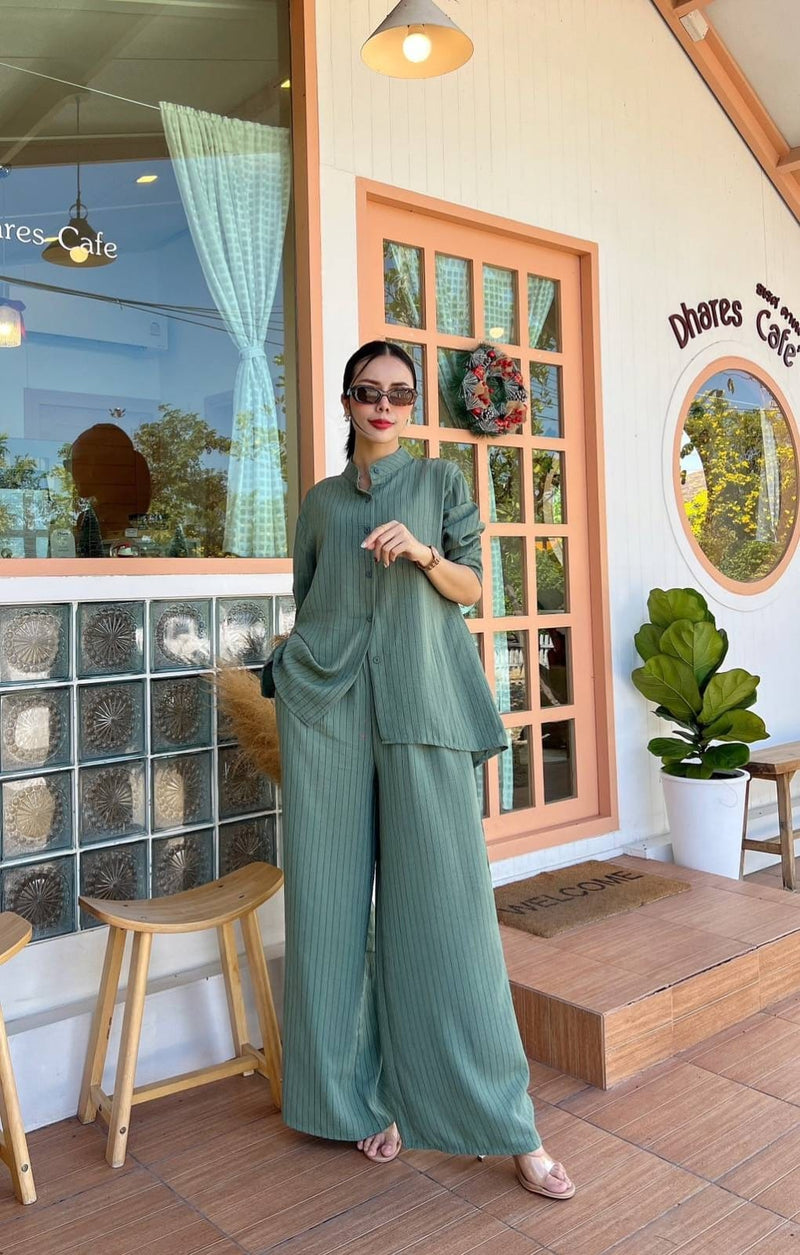 Pinstripe Co-ord Set - High-Neck Button Shirt & Wide-Leg Palazzo Pants