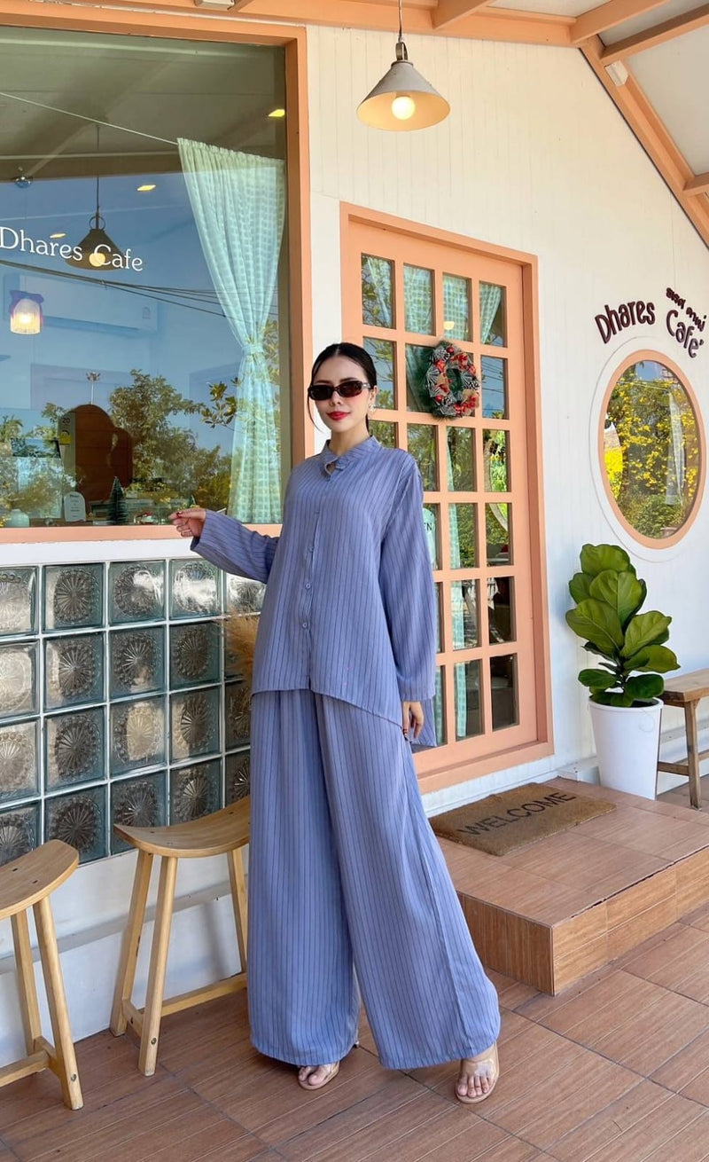 Pinstripe Co-ord Set - High-Neck Button Shirt & Wide-Leg Palazzo Pants