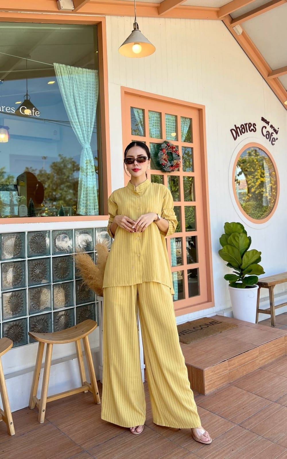 Pinstripe Co-ord Set - High-Neck Button Shirt & Wide-Leg Palazzo Pants