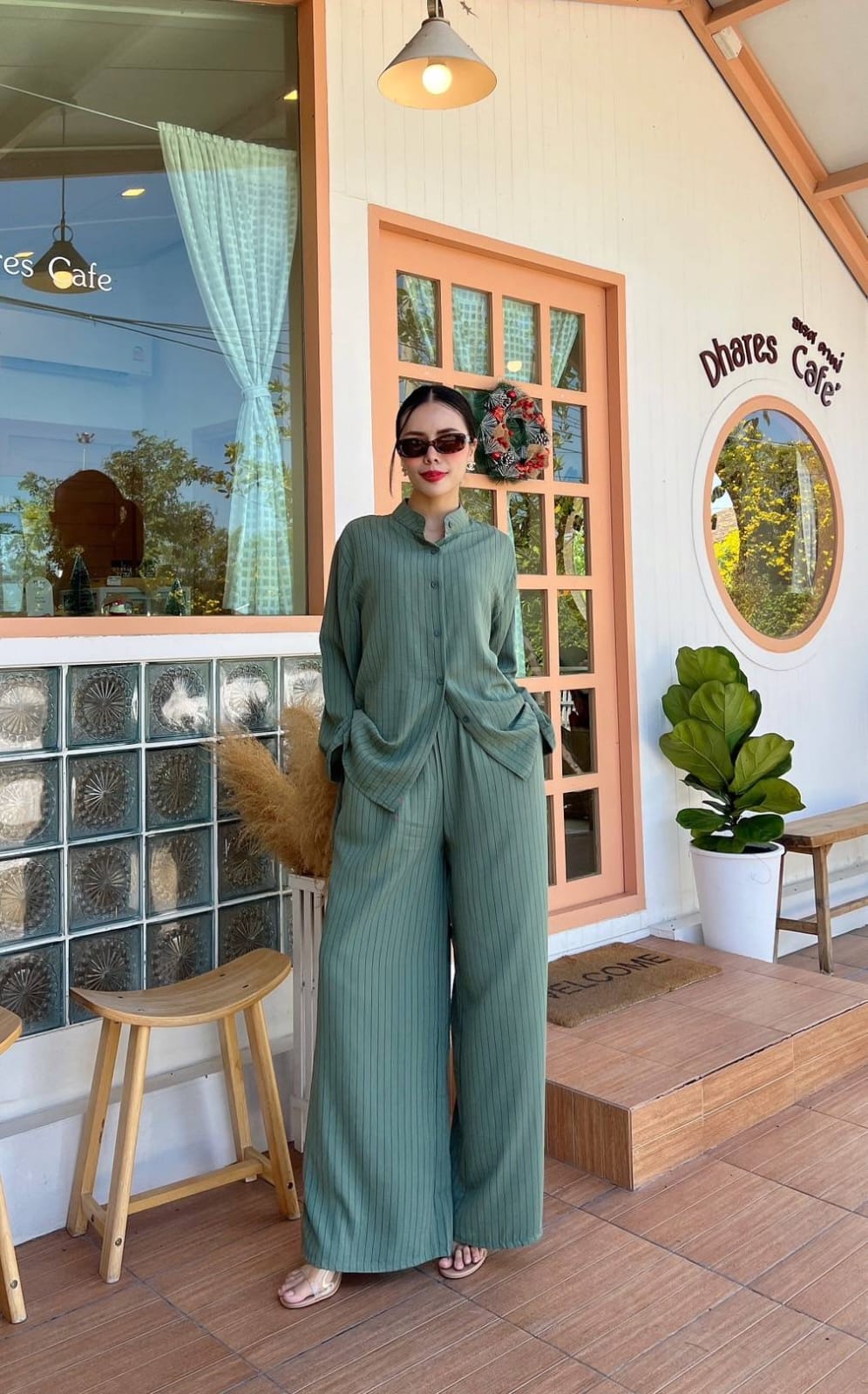 Pinstripe Co-ord Set - High-Neck Button Shirt & Wide-Leg Palazzo Pants