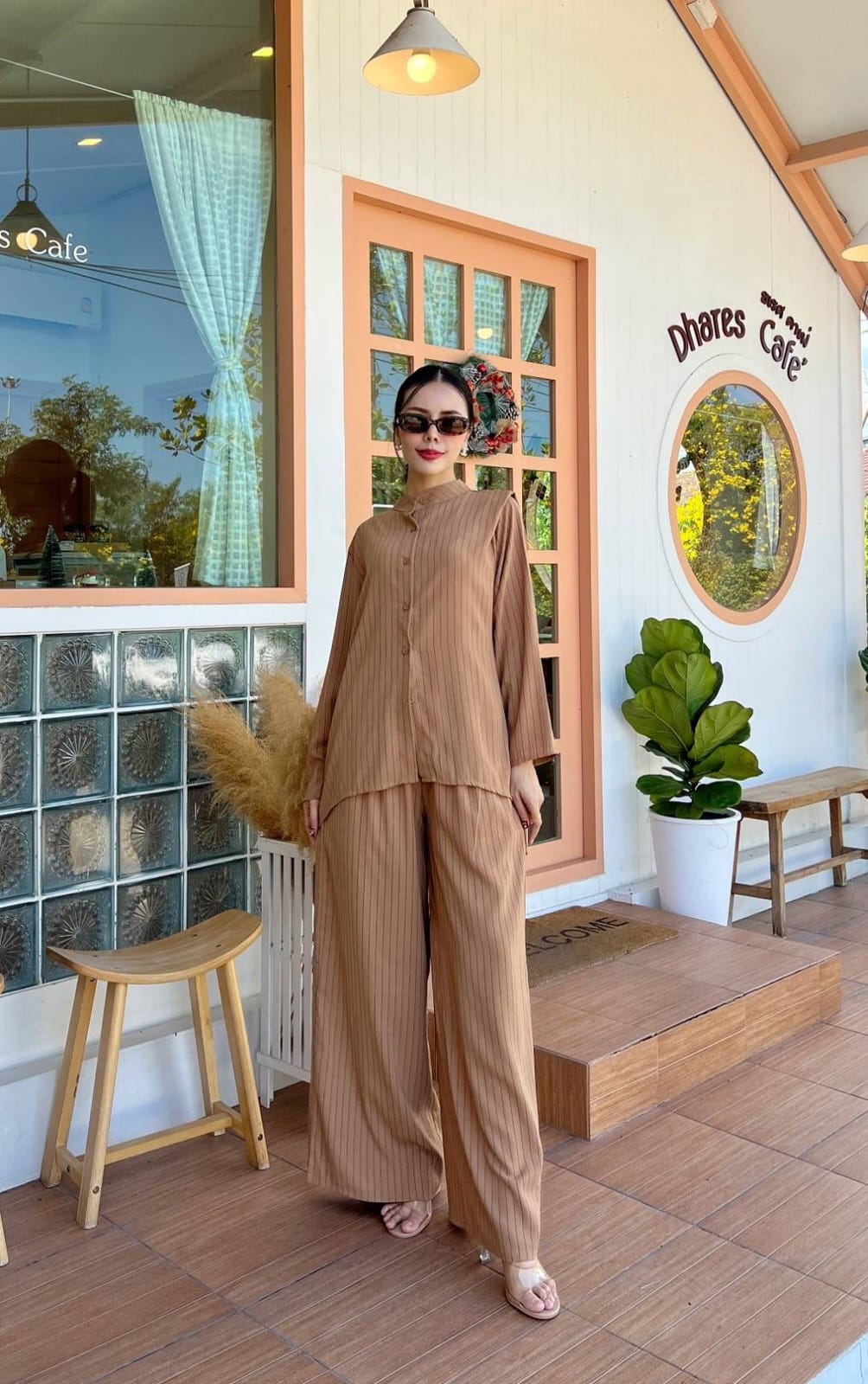 Pinstripe Co-ord Set - High-Neck Button Shirt & Wide-Leg Palazzo Pants