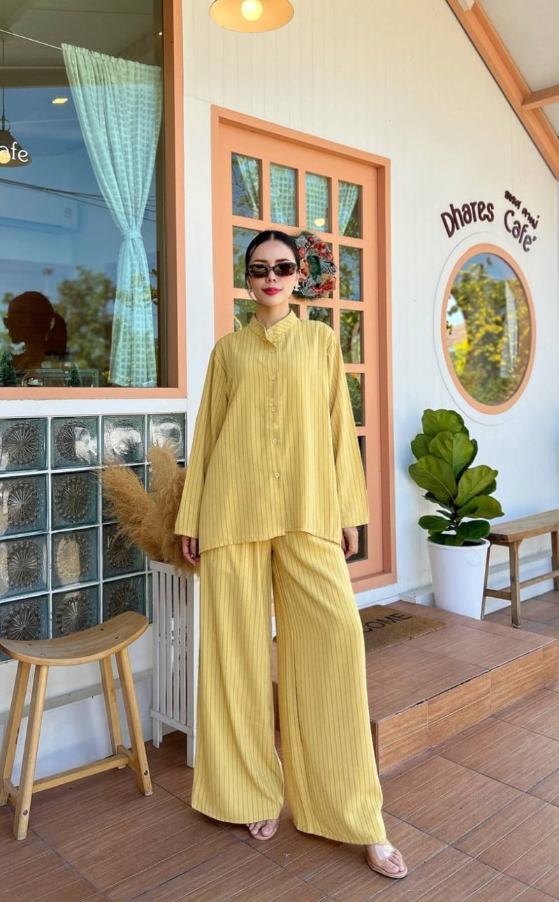 Pinstripe Co-ord Set - High-Neck Button Shirt & Wide-Leg Palazzo Pants