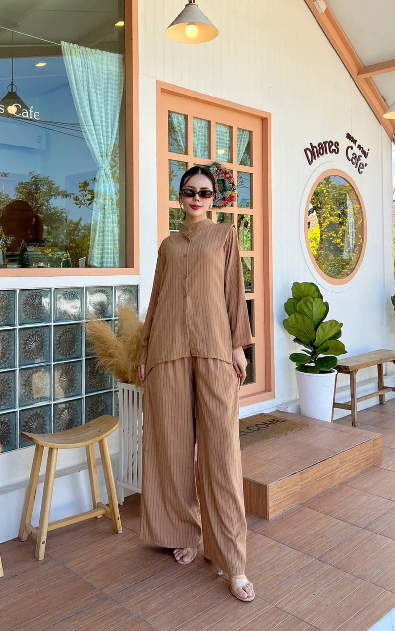 Pinstripe Co-ord Set - High-Neck Button Shirt & Wide-Leg Palazzo Pants