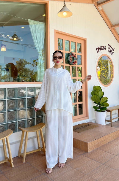 Pinstripe Co-ord Set - High-Neck Button Shirt & Wide-Leg Palazzo Pants